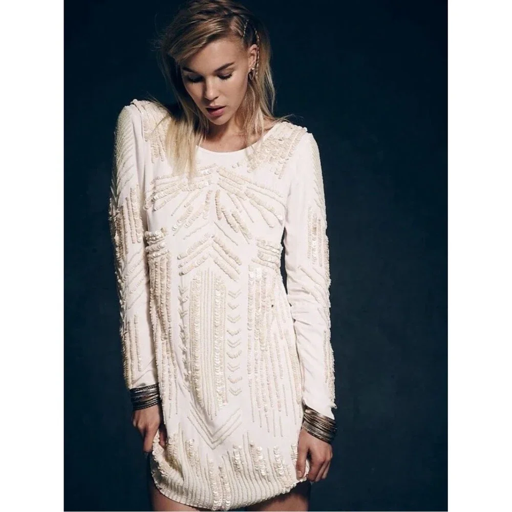 FREE PEOPLE LIMITED EDITION Ivory Art Deco Embellished Mini Dress Sequin Rare